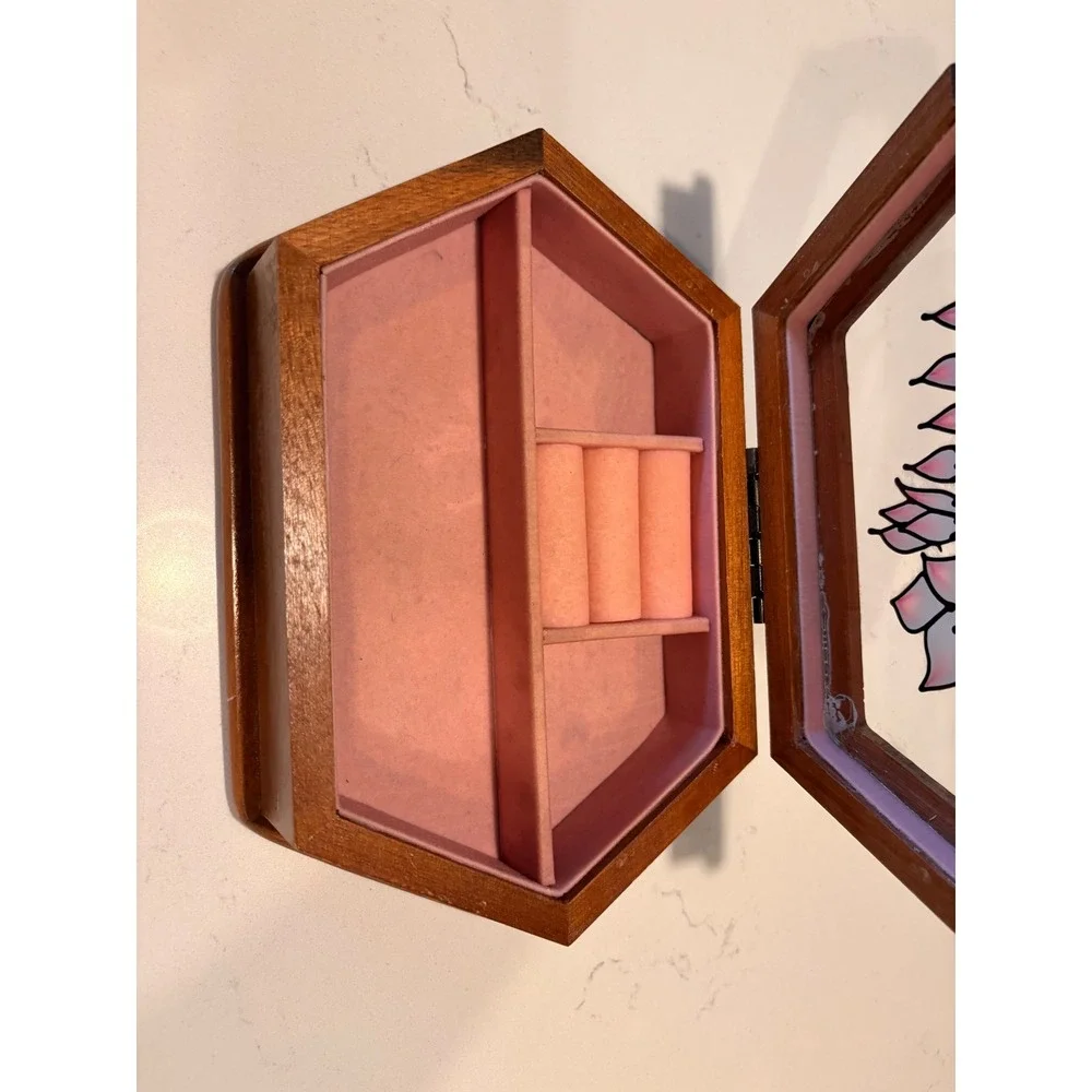 Vintage Mele Wood Jewelry Box Hexagon Stained Glass Flower Lid Pink Lining Boho